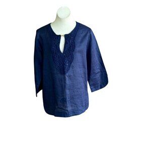 Navy Blue 100% Linen Tunic Shirt Embroidered Lace Detail Gold Bar Detail